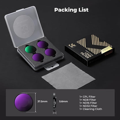 K&F CONCEPT ND Filter Kit Compatible with DJI Osmo Action 6, 4 Pack CPL ND8 ND16 ND32 Screw On Polarizing Neutral Density Filters HD Optical Glass/Multi-Coated Action Camera Accessories