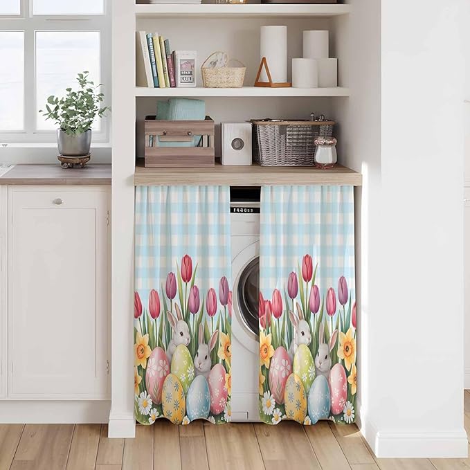 Easter Kitchen Curtains 54 Inch Long 2 Panel Set,Rod Pocket Window Curtains Panels,Spring Bunny Colorful Eggs Tulip Flowers Blue Check Light Filtering Drapery Draperies for Bathroom 52"W x 54"L