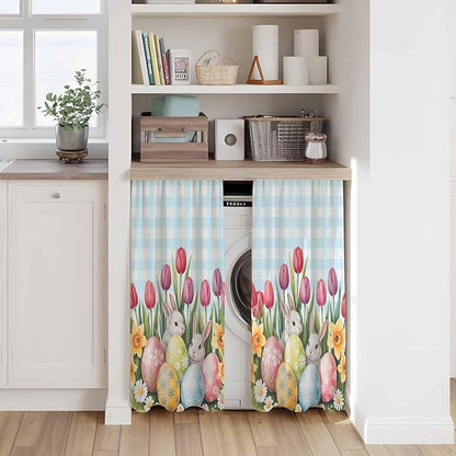 Easter Kitchen Curtains 54 Inch Long 2 Panel Set,Rod Pocket Window Curtains Panels,Spring Bunny Colorful Eggs Tulip Flowers Blue Check Light Filtering Drapery Draperies for Bathroom 52"W x 54"L