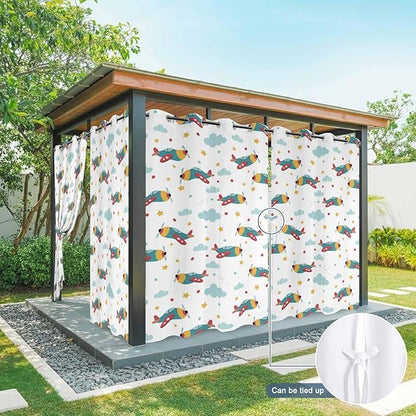 Turquoise Airplane Waterproof Outdoor Curtains for Patio, Windproof Weatherproof Curtains with Weighted Hem, Modern Art Cartoon Aircraft Clouds Light Filtering Privacy Drapes for Porch 54"x 84"
