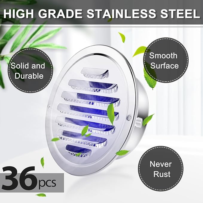 Zonon 36 Pcs Stainless Steel Soffit Vents 4 Inch Round Dryer Vent Cover with Mesh Screen for Home Outdoor Bathroom Wall Ceiling Outside Exterior Exhaust (Silver)