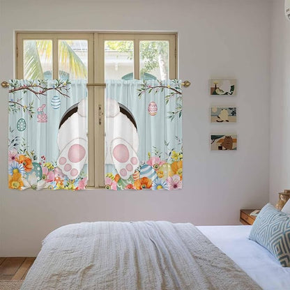 Easter Bunny Kitchen Curtains 45 Inch Long 2 Panel Set,Rod Pocket Window Treatment,Easter Eggs Spring Farmhouse Wood Grain Teal Blue Light Filtering Short Curtains & Drapes Laundry 52"W x 45"L