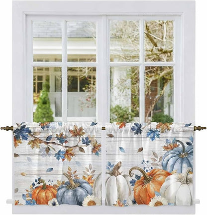Thanksgiving Pumpkin Kitchen Tier Curtains 36 Inch Long 2 Panel Set,Rod Pocket Half Window Curtains Over Sink,Fall Maple Leaf Daisy Wooden Grain Short Drapes for Bathroom Cafe 27.5"W x 36"L