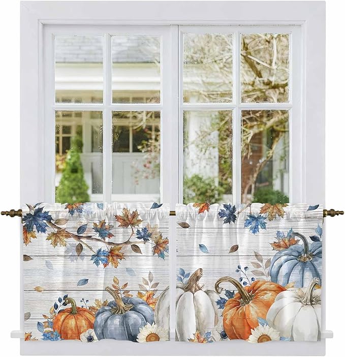 Thanksgiving Pumpkin Kitchen Tier Curtains 24 Inch Long 2 Panel Set,Rod Pocket Cafe Small Window Curtains Over Sink,Fall Maple Leaf Daisy Wooden Grain Short Drapes for Bathroom Cabinet 27.5"W x 24"L