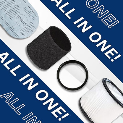 Vacuum Canister Filter Set for Wet/Dry Shop Vacuums – Includes Canister Filter, Foam Sleeve, 3 Dry Filter Discs, and Mounting Band Compatible with Shop-Vac, Craftsman, Ridgid, and More
