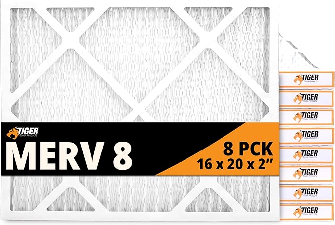 Tiger Tough 16x20x2 Air Filter MERV 8 MPR 600-800, High-Performance Pleated HVAC AC Furnace Filter Replacement for Home, 8-Pack
