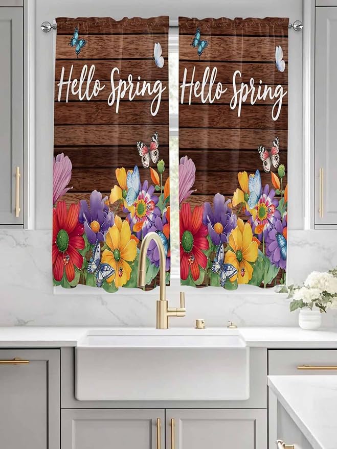Spring Flowers Living Room Curtains 72 Inches length, Watercolor Farmhouse Colorful Wooden Grain Window Treatment Curtain Drapes, Light Filtering Drapes for Bedroom Laundry Room, 52"x72", 2 Panels