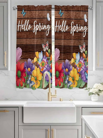 Spring Flowers Living Room Curtains 72 Inches length, Watercolor Farmhouse Colorful Wooden Grain Window Treatment Curtain Drapes, Light Filtering Drapes for Bedroom Laundry Room, 52"x72", 2 Panels