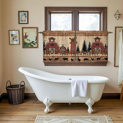 Brown Farmhouse Tier Curtains, Vintage Country Animals Wooden Grain Light Filtering Kitchen Curtains, 2Pcs Rod Pocket Half Window Treatments Panels for Sink Cafe Cabinet Camper 27.5x24 Inches