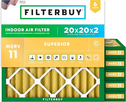 Filterbuy 20x20x2 Air Filter MERV 11 Superior Pet & Allergy Defense (6-Pack), Electrostatic Pleated HVAC AC Furnace Filters Replacement, Made in USA (Actual Size: 19.50 x 19.50 x 1.75)