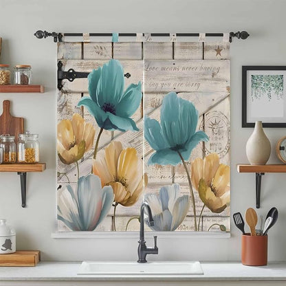 Watercolor Flowers Bathroom Curtains 63 Inch Length, Window Curtains Tab Top, Vintage Tulips Floral Barn Doors Wood Grain Light Filtering Window Treatments Drapes 52"x63" 2 Panel