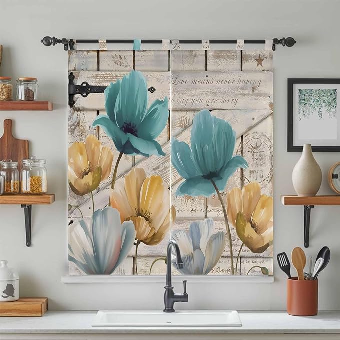 Watercolor Flowers Bedroom Curtains 72 Inch Length, Window Curtains Tab Top, Vintage Tulips Floral Barn Doors Wood Grain Light Filtering Window Treatments Drapes 52"x72" 2 Panel