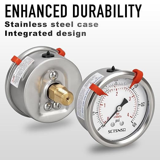 0 to 60 Psi Pressure Gauge, Glycerin Liquid Filled, 2.5 inch Dial, 1/4" NPT Back Mount, Stainless Steel Case, for Swimming Pool Sand Filter, Water Pump, Regulator, Air, Oil, Low Pressure Test