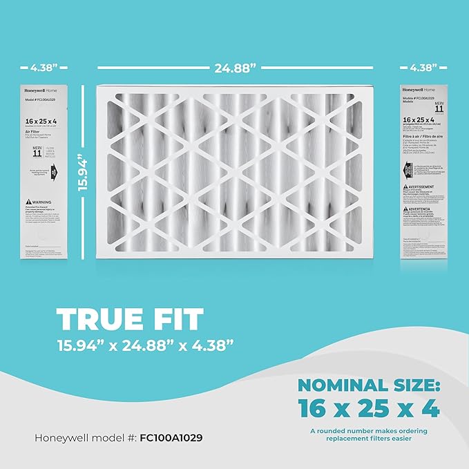 16x25x4 Air Filter Replacement MERV 11, FC100A1029 Pleated HVAC AC Furnace Filters with Wholesalehome Cleaning Cloth (Actual Size: 15.94 x 24.86 x 4.38 Inches)