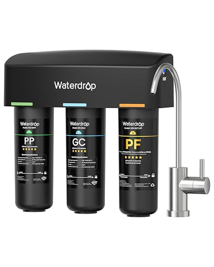 Waterdrop TSB-PF Under Sink Water Filter, 𝐑𝐞𝐝𝐮𝐜𝐞𝐬 𝟖𝟎+ 𝐈𝐦𝐩𝐮𝐫𝐢𝐭𝐢𝐞𝐬-PFAS, Chlorine, Chloramine, Fluoride, Taste&Odor, 9 Layer Under Sink Water Filtration System,with A Separate Faucet
