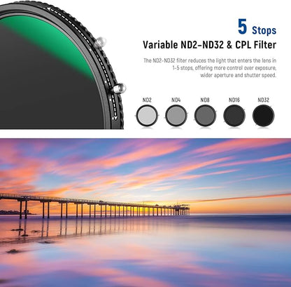NEEWER 2 in 1 43mm Variable ND Filter ND2–ND32&CPL Filter(Circular Polarizer Filter) No X Cross/30 Layer Nano Coated/HD Optical Glass/Ultra Slim Aluminum Alloy Frame/Water Repellent/Scratch Resistant