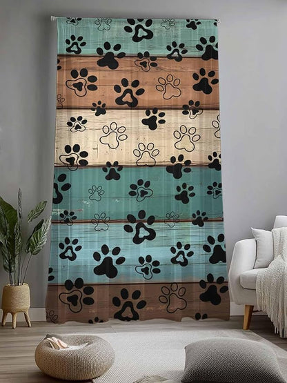 Sheer Curtains 108 Inches Long, Green Brown Paw Print Semi Sheer Curtains Light Filtering Window Treatment, Vintage Farmhouse Country Wooden Grain Privacy Voile Drapes for Living Room 52x108 Inch