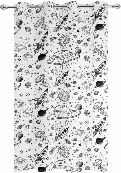 Cartoon Space Outdoor Curtains for Patio Rockets Astronauts Planets Black Waterproof Outside Curtains with Grommet Top Weatherproof Curtain for Cabana Pergola Gazebo, 1 Panel, 54" W x 108" L