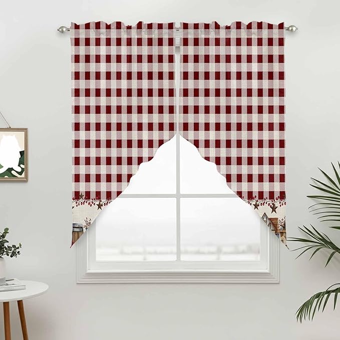 Swag Curtain Valances for Kitchen Windows,Farm Barn Western Star on Vintage Short Rod Pocket Window Valance,Red Buffalo Plaid Swag Topper for Bedroom Living Room,2 Panels 36x45in