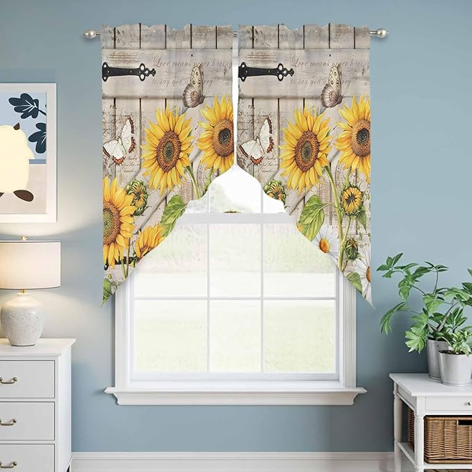 Farm Flowers Swag Valances for Windows, Retro Sunflowers Barn Doors Butterfly Wood Board Rod Pocket Kitchen Curtains Valance, Small Window Curtains Swag for Cafe Living Room, 2 Panels, 36x36 inch