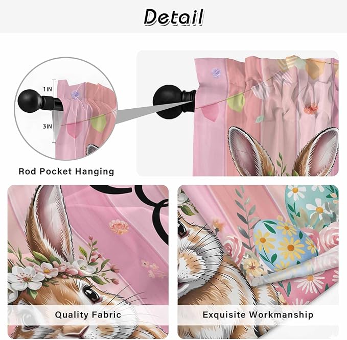 Easter Tier Curtains, Spring Rabbit Eggs Flowers Flags Leaves Wood Grain Light Filtering Kitchen Curtains, 2Pcs Rod Pocket Half Window Treatments Panels for Sink Cafe Cabinet Basement 27.5x45 Inches