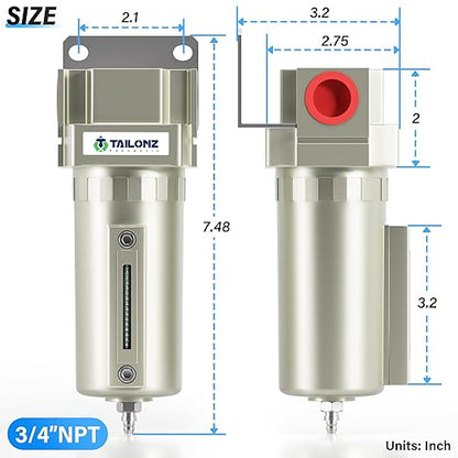 TAILONZ PNEUMATIC 3/4" NPT Industrial Grade Heavy Duty Particulate Air Filter with Metal Bowl - Paint Spray Compatible, Manual Drainage System