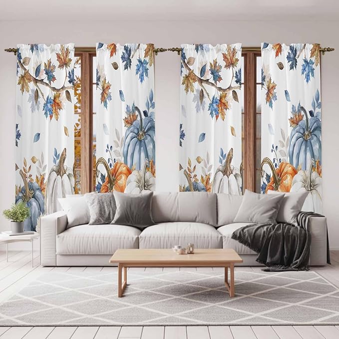 Navy Blue Pumpkin Fall Window Curtains 72 Inch Long 2 Panel Set,Rod Pocket Long Curtains & Drapes,Thanksgiving Maple Leaves Branches Window Treatment for Bedroom Living Room 52"W x 72"L