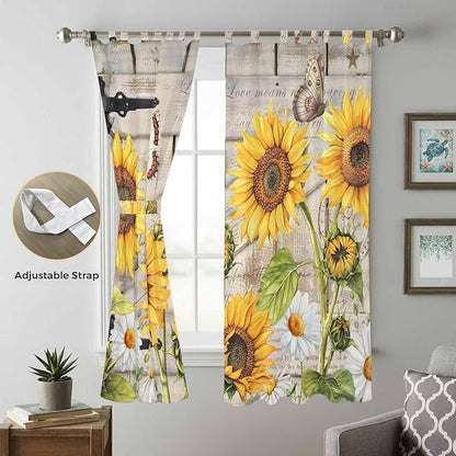 Farm Flowers Living Room Curtains 84 Inch Length, Window Curtains Tab Top, Retro Sunflowers Barn Doors Butterfly Wood Board Light Filtering Window Treatments Drapes 52"x84" 2 Panel