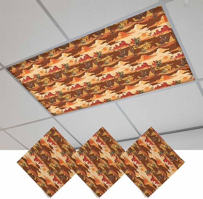 Tropical Plant Cactus Fluorescent Light Covers 3 Pack Western Cowboy Horse Sunset Deserts Brown Magnetic Fluorescent Ceiling Lights Filters for Office Classroom Home Drop Ceiling 4x2 Feet