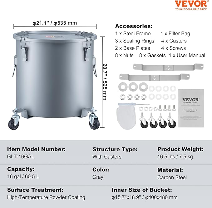 VEVOR Fryer Grease Bucket, 16 Gal Oil Disposal Caddy with Caster Base, Carbon Steel Rust-Proof Coating, Oil Transport Container with Lid, Lock Clips, Filter Bag for Hot Cooking Oil Filtering