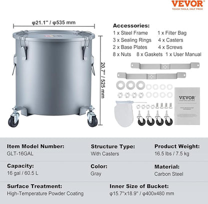 VEVOR Fryer Grease Bucket, 16 Gal Oil Disposal Caddy with Caster Base, Carbon Steel Rust-Proof Coating, Oil Transport Container with Lid, Lock Clips, Filter Bag for Hot Cooking Oil Filtering
