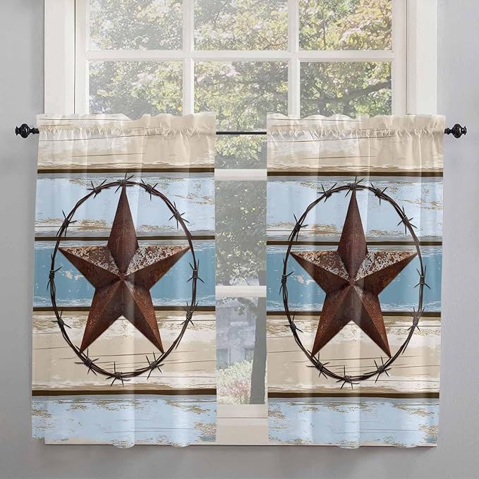 Vintage Western Star on Wood Grain Window Valance Curtains, Retro Wooden Texture Light Filtering Kitchen Valance with 3-inch Rod Pocket for Living Room Bathroom Bedroom,2 Panel,52x54In