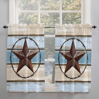 Vintage Western Star on Wood Grain Window Valance Curtains, Retro Wooden Texture Light Filtering Kitchen Valance with 3-inch Rod Pocket for Living Room Bathroom Bedroom,2 Panel,42x54In
