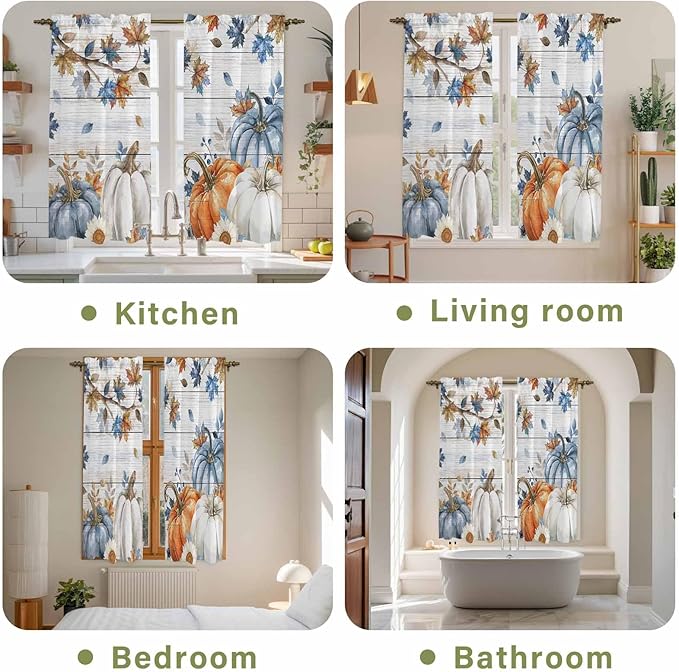 Thanksgiving Pumpkin Window Curtains 63 Inch Long 2 Panel Set, Rod Pocket Bedroom Curtains & Drapes, Fall Maple Leaf Daisy Wooden Grain Light Filtering Window Treatment for Living Room 42"W x 63"L