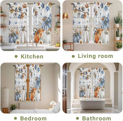 Thanksgiving Pumpkin Window Curtains 63 Inch Long 2 Panel Set, Rod Pocket Bedroom Curtains & Drapes, Fall Maple Leaf Daisy Wooden Grain Light Filtering Window Treatment for Living Room 42"W x 63"L