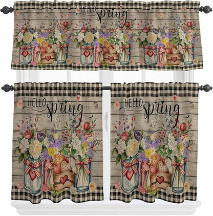 Spring Flowers Kitchen Curtain Set, Farmhouse Vintage Black Plaid Wood Grain Window Valance and Tiers 24" Length, Light Filtering Short Curtains Valance for Cafe Bathroom Bedroom 54"x18"
