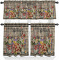 Spring Flowers Kitchen Curtain Set, Farmhouse Vintage Black Plaid Wood Grain Window Valance and Tiers 24" Length, Light Filtering Short Curtains Valance for Cafe Bathroom Bedroom 54"x18"