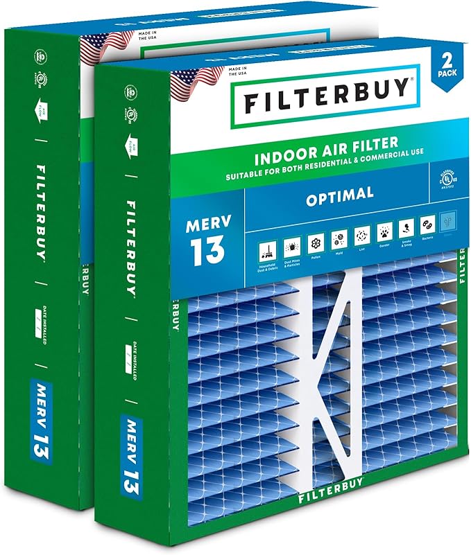 Filterbuy 16x22x5 Air Filter MERV 13 Optimal Smoke & Allergy Defense (2-Pack), Pleated HVAC AC Furnace Filters for Amana, Coleman, Goodman, York, and More (Actual Size: 15.38 x 21.88 x 5.25)