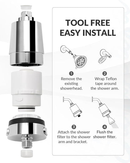 Hard Water Shower Filter - Removes Chlorine, Heavy Metals & Scale - KDF Technology for Softer Skin & Hair - Fits Most Rain & Handheld Showerheads - (Chrome Polished)