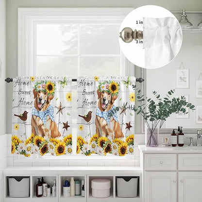 Kitchen Curtains Tiers and Valance Set of 3, Sunflowers Dog Light Filtering Window Curtain Set, Spring Watercolor Floral Stars Wood Grain Rod Pocket Curtain Drapes for Living Room, 36 Inches Tiers