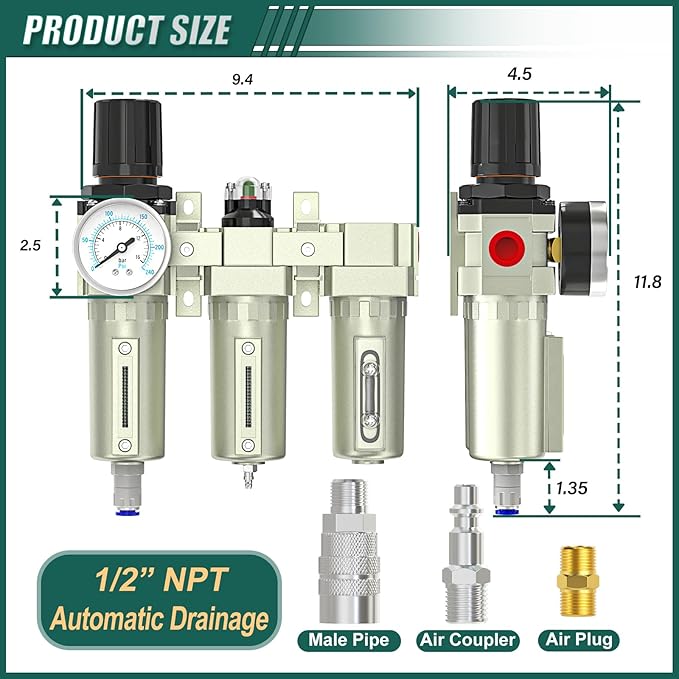 Industrial Grade 3-Stage Air Drying System, 1/2" NPT with Auto Drain, Desiccant Dryer, Air Regulator, Particulate Filter and Coalescing Filter for Paint Spray, Plasma Cutter