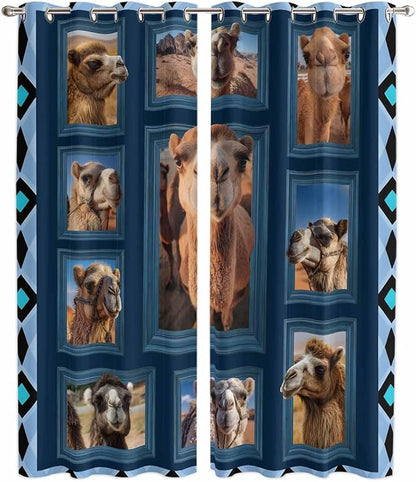 2 Panel Kitchen Cafe Curtains, Desert Camels Sunlight Filtering Nature Air Through, Home Decor Window Covering Tier Curtains for Living Room 104W x 90L inch Wildlife Brown Animals Blue Geometric