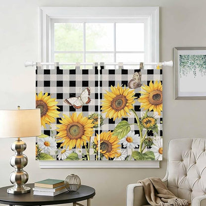 Sunflowers Bedroom Curtains 63 Inch Length, Window Curtains Tab Top, Yellow Flowers Butterfly Farmhouse Black Plaid Light Filtering Window Treatments Drapes 42"x63" 2 Panel