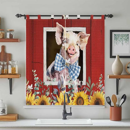 Pig Sunflowers Bedroom Curtains 72 Inch Length, Window Curtains Tab Top, Eucalyptus Leaves Floral Bees Red Barn Light Filtering Window Treatments Drapes 52"x72" 2 Panel