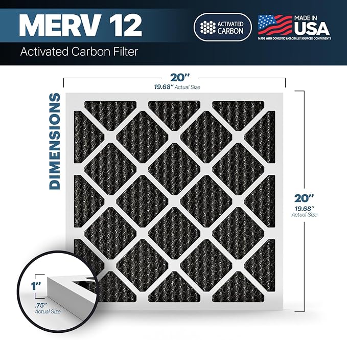 BNX TruFilter 20x20x1 MERV 12 Odor Defense (6-Pack) AC Furnace Air Filter with Activated Carbon - MADE IN USA - Pleated Air Conditioner HVAC AC Furnace Filters - Removes Odor, Mold, Bacteria, Smoke