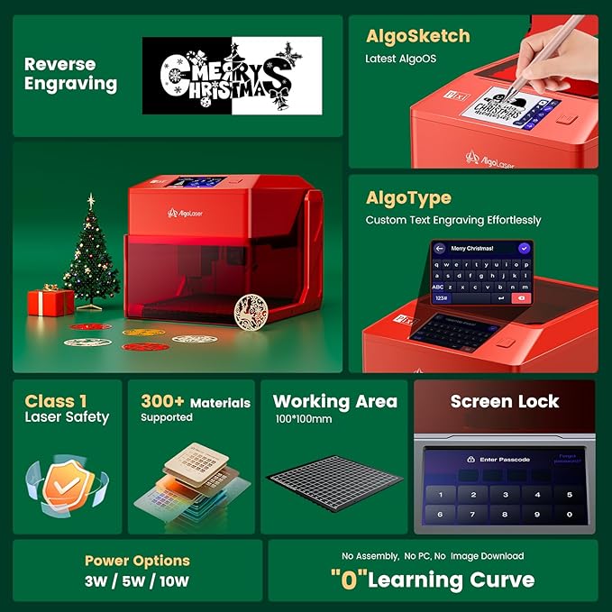 AlgoLaser 5W Laser Engraver Machine: Portable & Smart with 3.5" Touch Screen, Hand Drawing/Wireless/SD Card/Offline Engraving, AlgoOS 2.0 Self Developed System for Wood, Acrylic, Leather