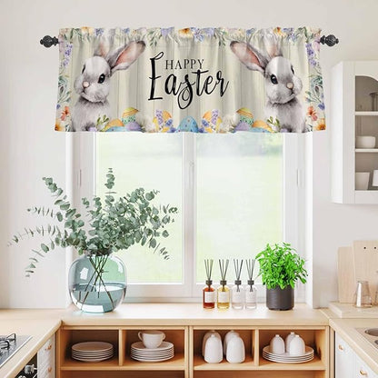 Easter Grey Bunny Kitchen Curtains Set 3 Piece for Windows,Rod Pocket Valance and Tier Set 24 Inch Length,Spring Colorful Eggs Flower Wooden Grain Light Filtering Cafe Curtains for Living Room