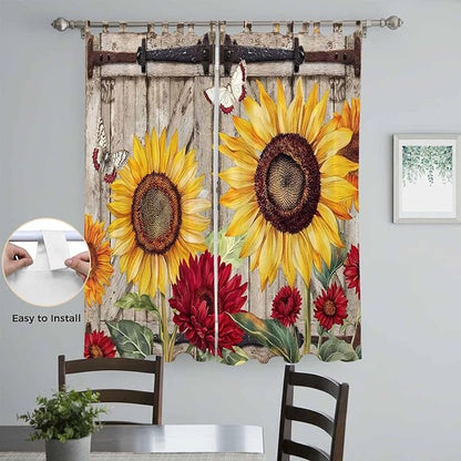 Sunflowers Living Room Curtains 84 Inch Length, Window Curtains Tab Top, Retro Flower Barn Doors Butterfly Farmhouse Brown Light Filtering Window Treatments Drapes 52"x84" 2 Panel