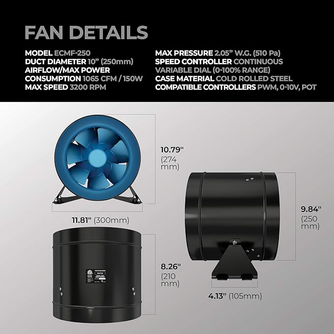 TerraBloom 10" Grow Ventilation Combo - 10" EC Fan and 10"x24" Premium Activated Air Carbon Filter For Large Grow Spaces