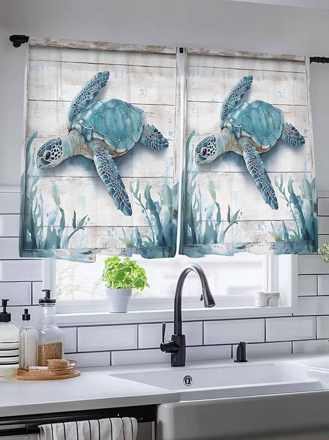 Sheer Curtains 54 Inch Length, Teal Green Sea Turtle Semi Sheer Curtains Light Filtering Window Treatment, Summer Ocean Seaweed Wood Grain Privacy Voile Drapes for Living Room Bedroom 52x54 Inch